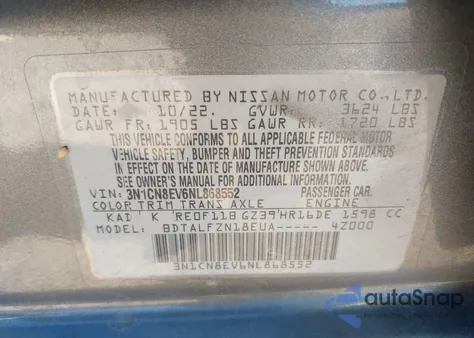 2022 Nissan Versa 1.6 Sv Xtronic Cvt from USA, damaged, VIN 3N1CN8EV6NL868552